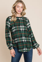 Load image into Gallery viewer, Curved Hem Plaid Round Neck Long Sleeve Top
