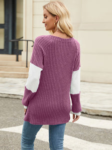 Color Block V-Neck Long Sleeve Top  (multiple color options)