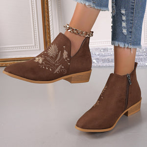 Embroidered Suede Point Toe Block Heel Boots (multiple color options)