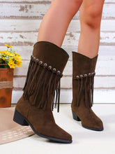 Load image into Gallery viewer, Fringe Suede Point Toe Block Heel Boots  (2 color options)
