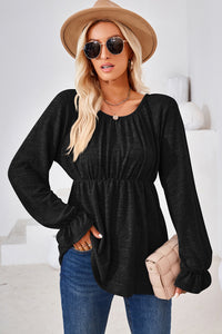 Ruched Round Neck Flounce Sleeve Blouse (multiple color options)