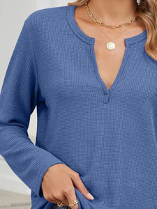 Waffle-Knit Notched Long Sleeve Top (multiple color options)