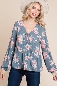 Babydoll Floral Long Sleeve Blouse in Blue