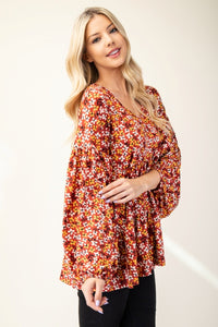 Floral V-Neck Balloon Sleeve Blouse