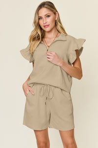 Texture Flounce Sleeve Top and Drawstring Shorts Set (multiple color options)