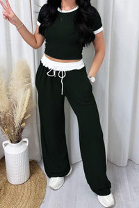 Contrast Trim Round Neck Top and Pants Set (multiple color options)