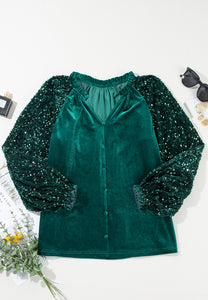 Sequin Notched Long Sleeve Blouse (2 color options)