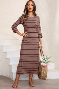 Slit Striped Round Neck Midi Dress (multiple color options)