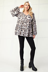 Leopard V-Neck Balloon Sleeve Blouse