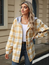 Load image into Gallery viewer, Drawstring Plaid Button Up Hooded Jacket (multiple color options)
