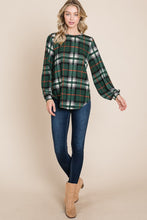 Load image into Gallery viewer, Curved Hem Plaid Round Neck Long Sleeve Top
