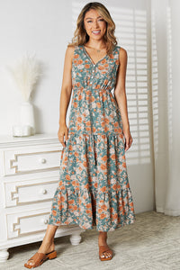 Travel Beauty Floral V-Neck Tiered Sleeveless Dress