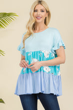 Load image into Gallery viewer, Floral Color Block Ruffled Short Sleeve Top (2 color options)
