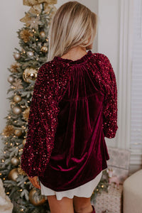 Sequin Notched Long Sleeve Blouse (2 color options)