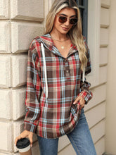 Load image into Gallery viewer, Drawstring Plaid Hooded Long Sleeve Top (multiple color options)
