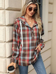 Drawstring Plaid Hooded Long Sleeve Top (multiple color options)