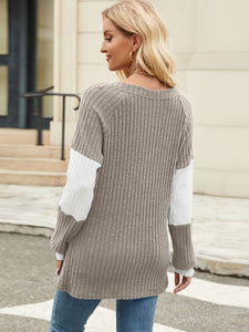 Contrast V-Neck Long Sleeve Top  (multiple color options)