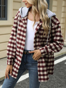 Drawstring Plaid Long Sleeve Hooded Jacket (multiple color options)