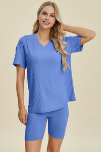 Ribbed V-Neck Short Sleeve Top and Shorts Set (multiple color options)