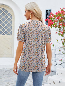 Ruched Printed Notched Short Sleeve Blouse (multiple color options)