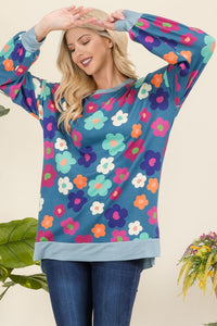 Side Slit Flower Print Long Sleeve Top in Teal