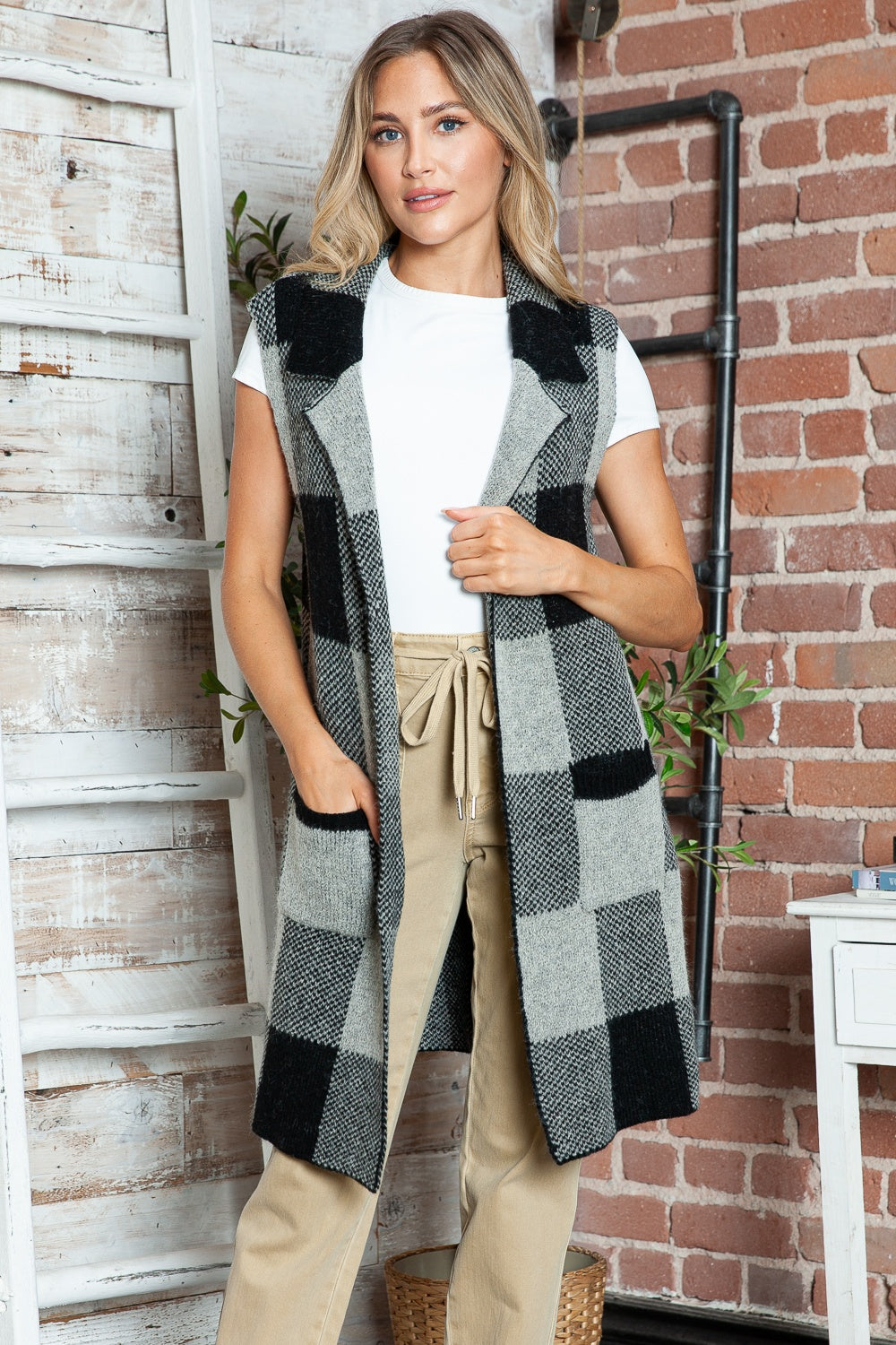 Plaid Lapel Collar Sleeveless Cardigan (multiple color options)