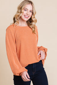 Long Sleeve Curved Hem Ribbed T-Shirt in Pumpkin