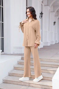 Drawstring Flounce Sleeve Shirt and Pants Set (multiple color options)