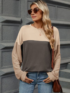 Contrast Round Neck Long Sleeve Top (multiple color options)