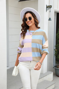 Round Neck Long Sleeve Color Block Dropped Shoulder Sweater (multiple color options)