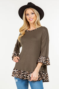 Flounce Sleeve Leopard Trim Top