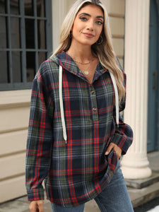 Drawstring Plaid Hooded Long Sleeve Top (multiple color options)