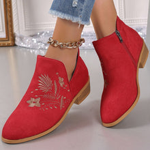 Load image into Gallery viewer, Embroidered Suede Point Toe Block Heel Boots (multiple color options)
