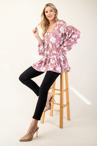 Tiered Floral V-Neck Long Sleeve Blouse