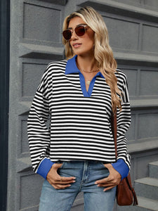 Striped Johnny Collar Long Sleeve Sweatshirt (multiple color options)