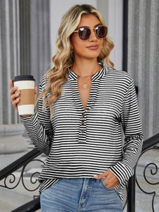 Striped Notched Long Sleeve Top (multiple color options)