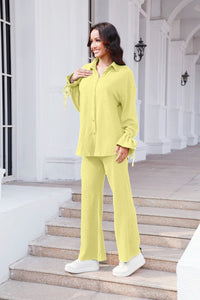 Drawstring Flounce Sleeve Shirt and Pants Set (multiple color options)