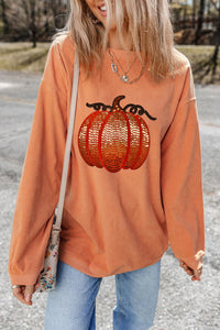 Sequin Pumpkin Round Neck Long Sleeve Sweatshirt (2 color options)