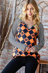 Pumpkin Checkered Contrast Striped Long Sleeve Top