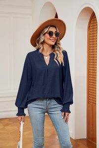 Notched Neck Flounce Sleeve Blouse (multiple color options)