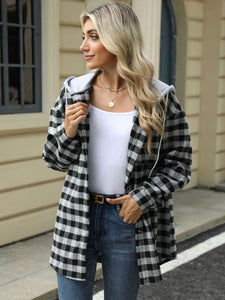 Drawstring Plaid Long Sleeve Hooded Jacket (multiple color options)