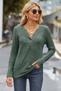 Ribbed Half Button Long Sleeve Knit Top (multiple color options)