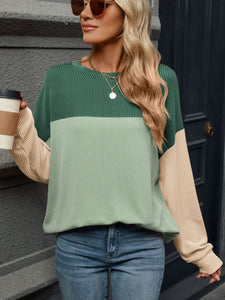 Contrast Round Neck Long Sleeve Top (multiple color options)