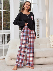 Round Neck Long Sleeve Top and Plaid Pants Pajama Set