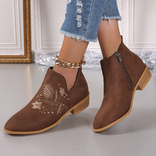 Load image into Gallery viewer, Embroidered Suede Point Toe Block Heel Boots (multiple color options)
