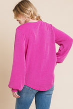 Load image into Gallery viewer, Long Sleeve Curved Hem Ribbed T-Shirt in Fuchsia
