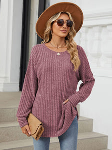 Ribbed Round Neck Long Sleeve Top (multiple color options)