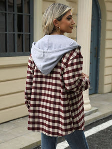 Drawstring Plaid Long Sleeve Hooded Jacket (multiple color options)