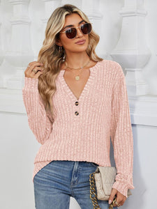 Ribbed Notched Long Sleeve Top (multiple color options)