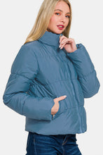 Load image into Gallery viewer, Zip Up Turtleneck Puffer Jacket with Pockets in Dusty Blue
